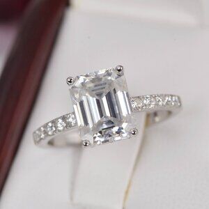Certified 4.5 tcw Moissanite Emerald Cut Wedding Engagement Ring